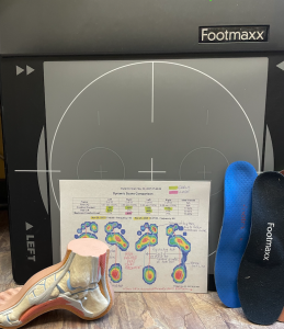 Image depicts different elements of the biomechanical assessment: the footscan machine, an anatomical foot model, an example of a scan, and some orthotics.